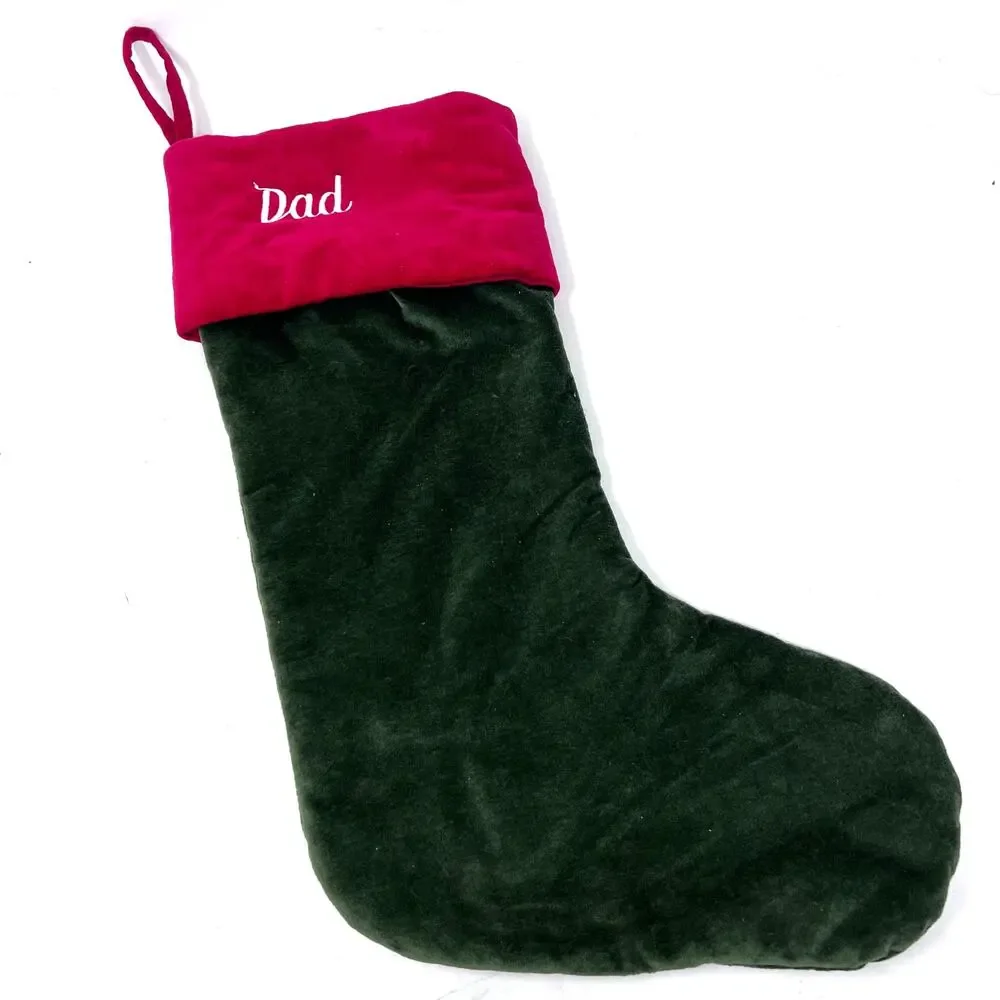 Pottery Barn Christmas Stocking DAD Velvet Green Red Cuff‎ Medium 20